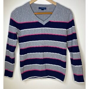 Striped Cable Knit V Neck Sweater Women's Small Blue Pink Gray 100% Cotton